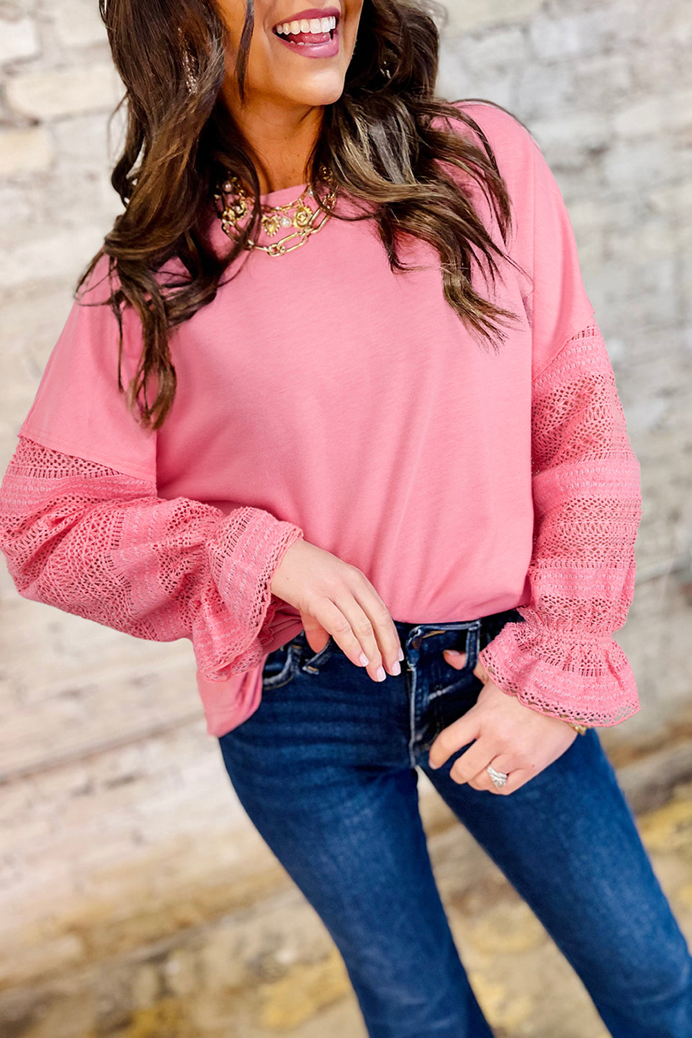 Loose Patchwork Lace Ruffled Sleeve Drop Shoulder Sweatshirt