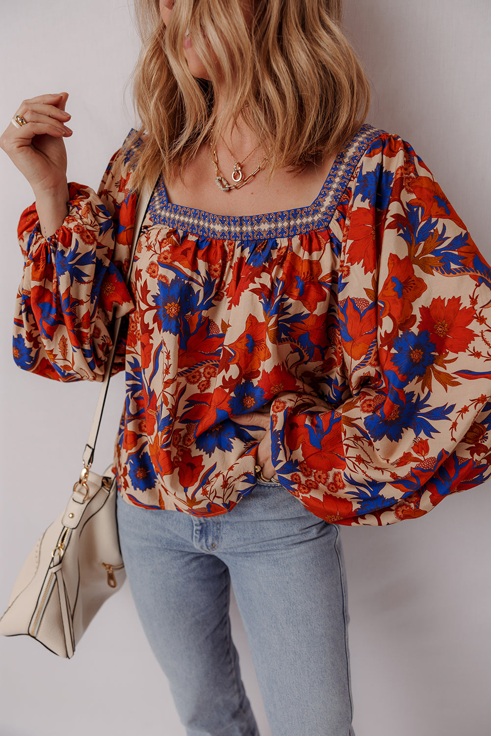 Floral Print Square Neck Backless Loose Fit Blouse for Women