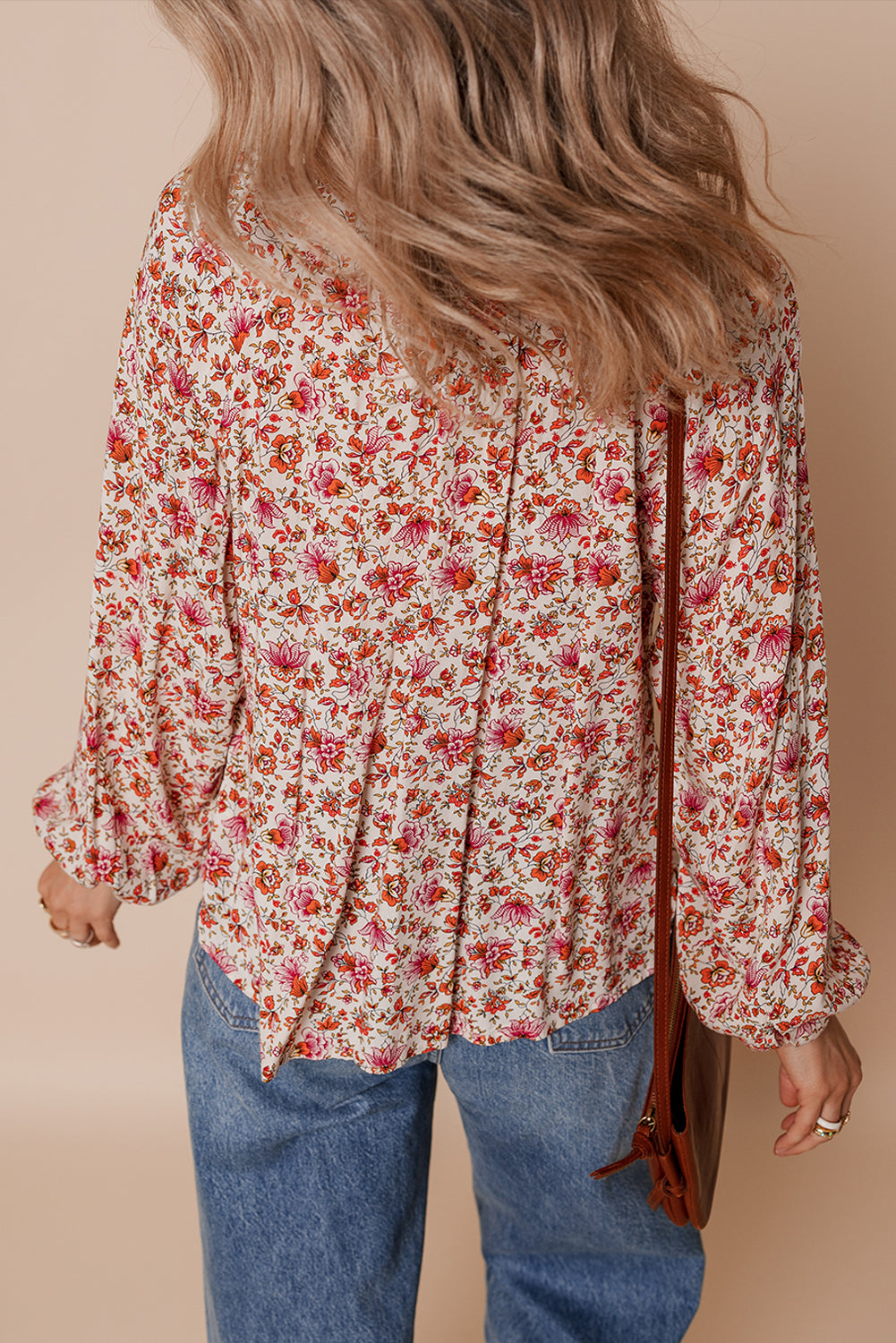 Floral Print Pleated Notched Neck Puff Sleeve Blouse