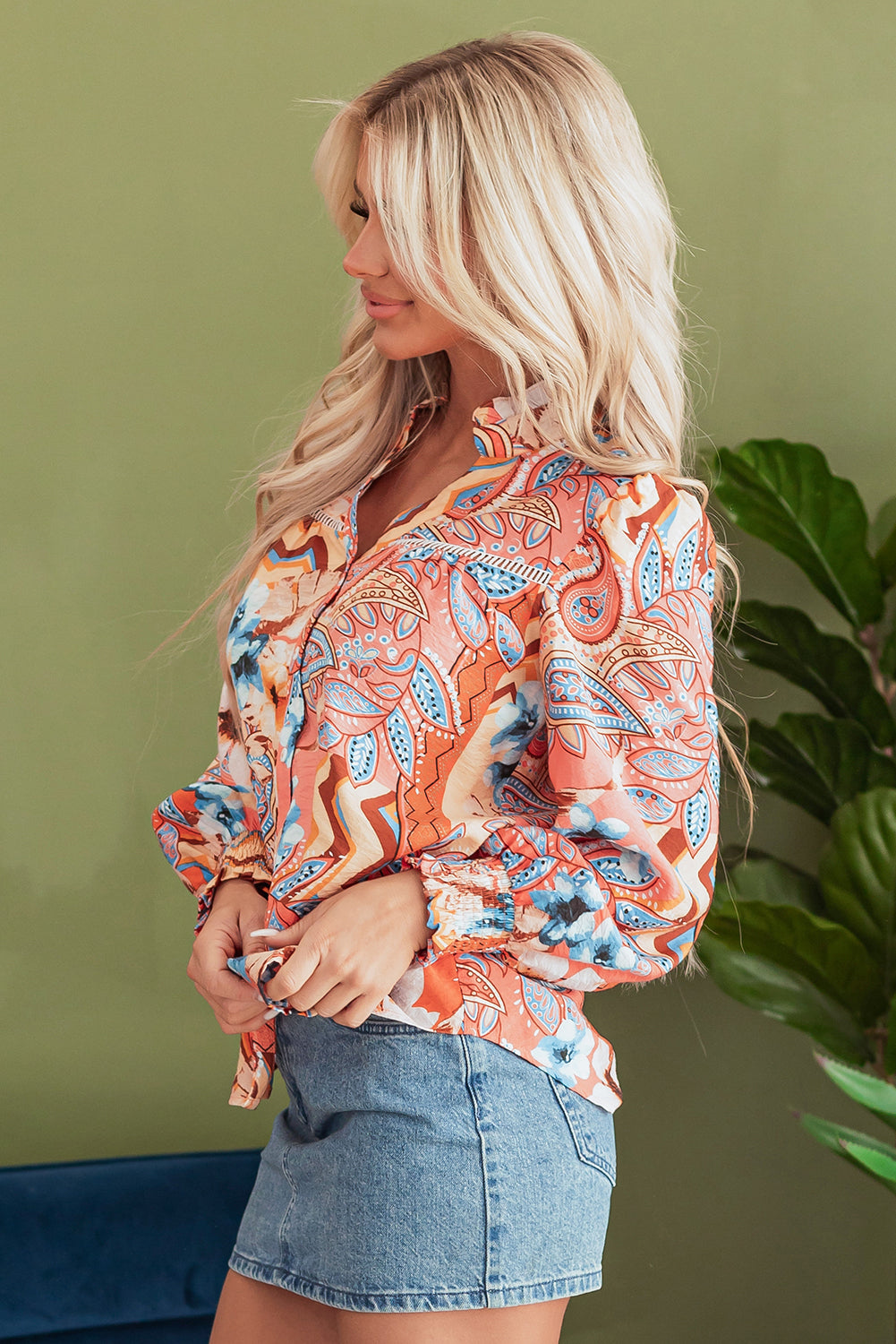 Floral Print Button-Front Loose Shirt with Shirred Cuffs