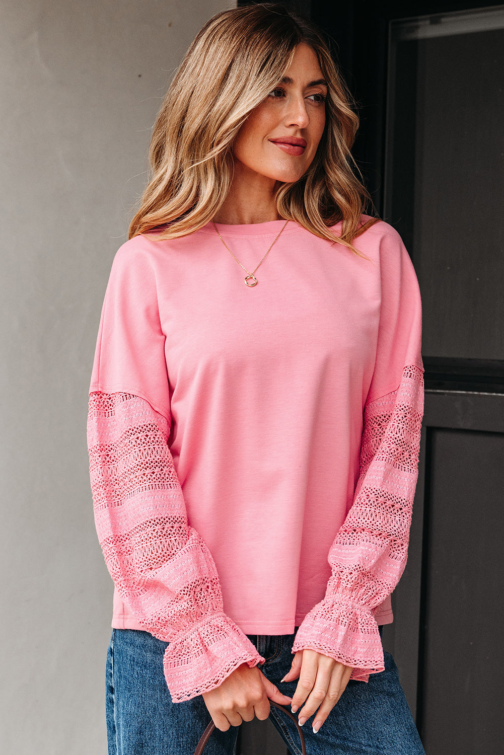 Loose Patchwork Lace Ruffled Sleeve Drop Shoulder Sweatshirt