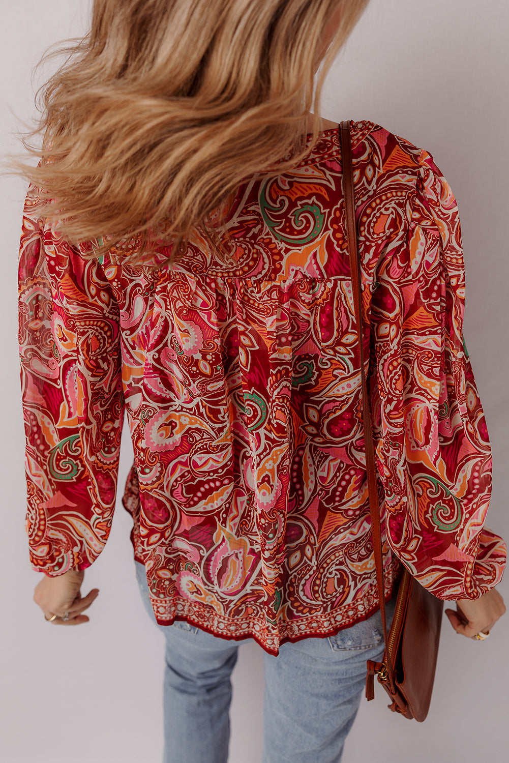Boho Paisley Print Tassel Tie Puff Sleeve Ethnic Blouse
