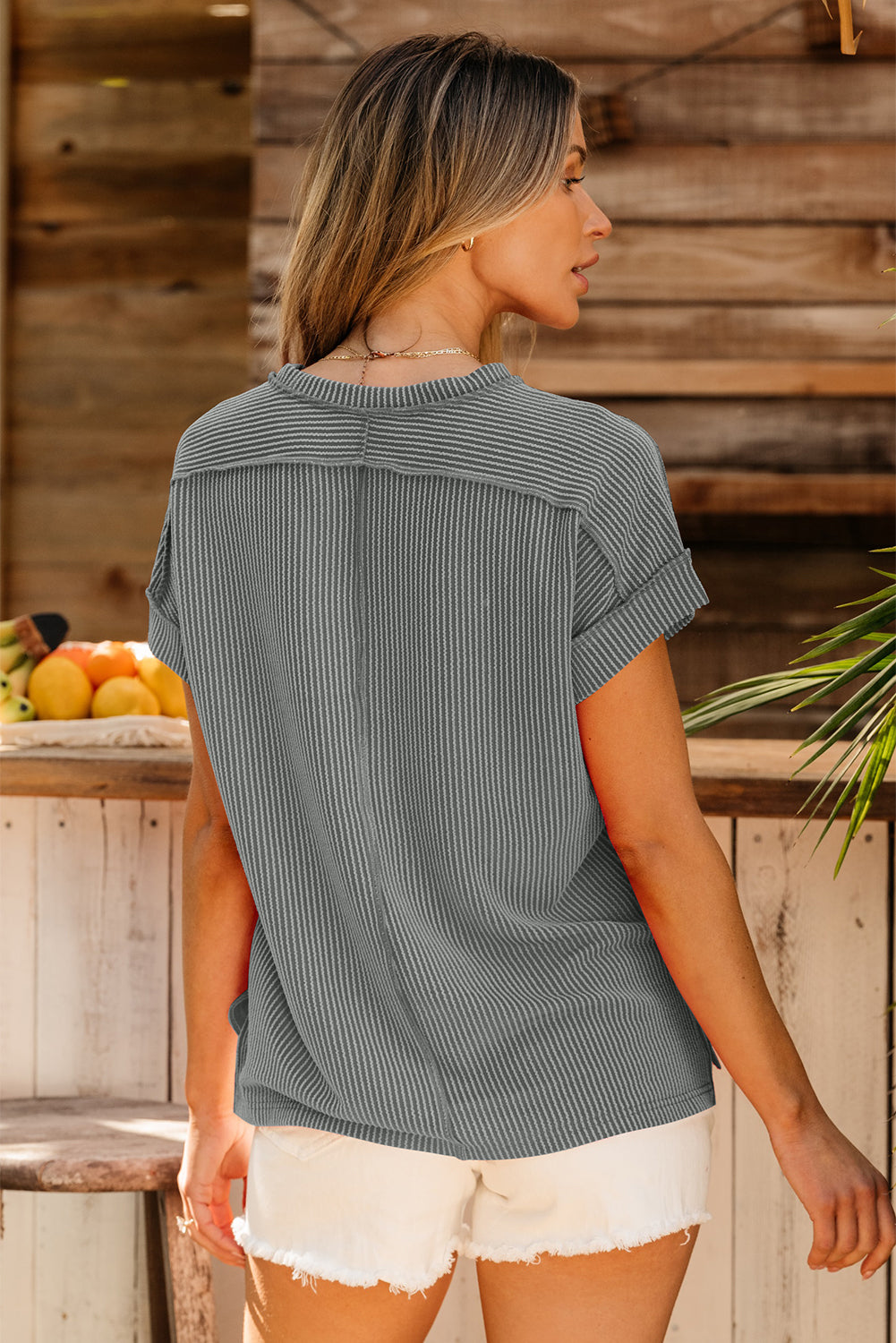 Textured Knit T-shirt with Exposed Stitching and Short Sleeves