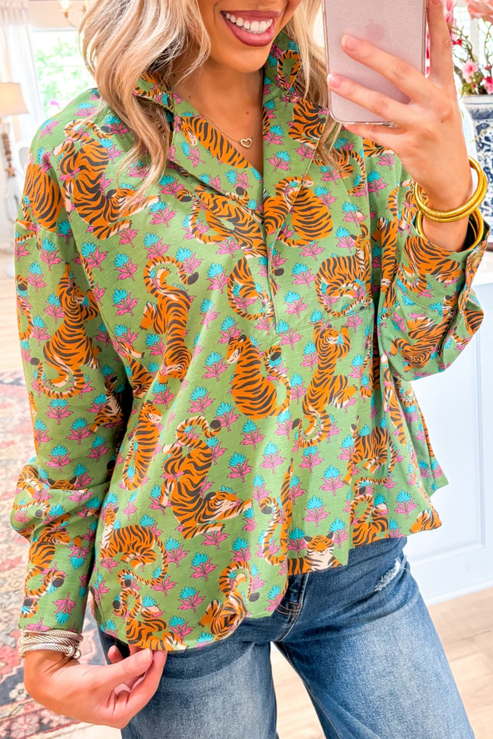Floral Printed Collared V Neck Casual Shirt for Women