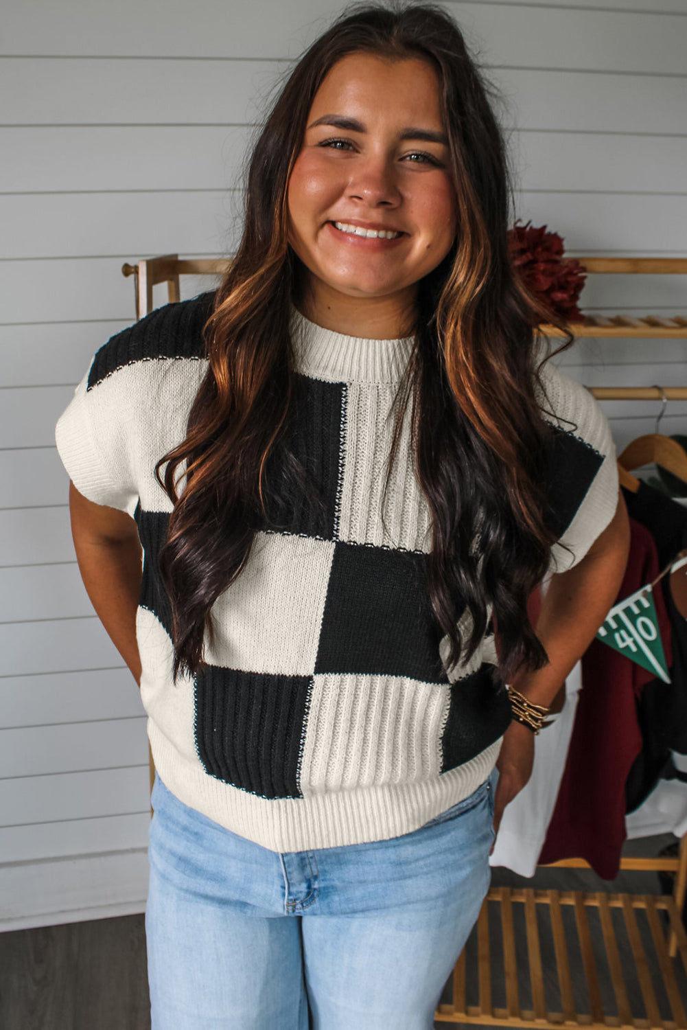 Color Block Checkered Crew Neck Short Sleeve Sweater for Women