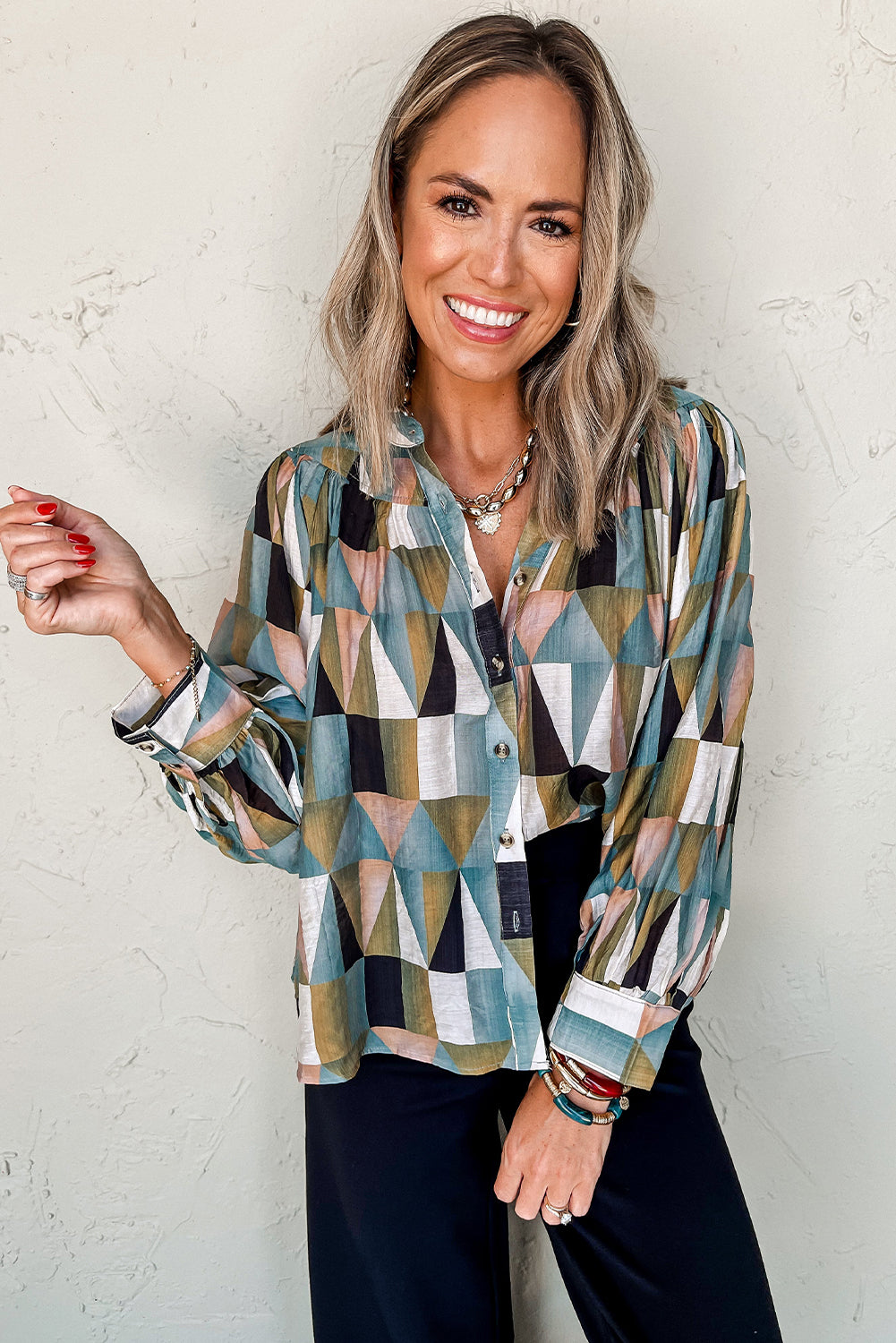 Geometric Print Buttoned Balloon Sleeve Loose Fit Women's Shirt