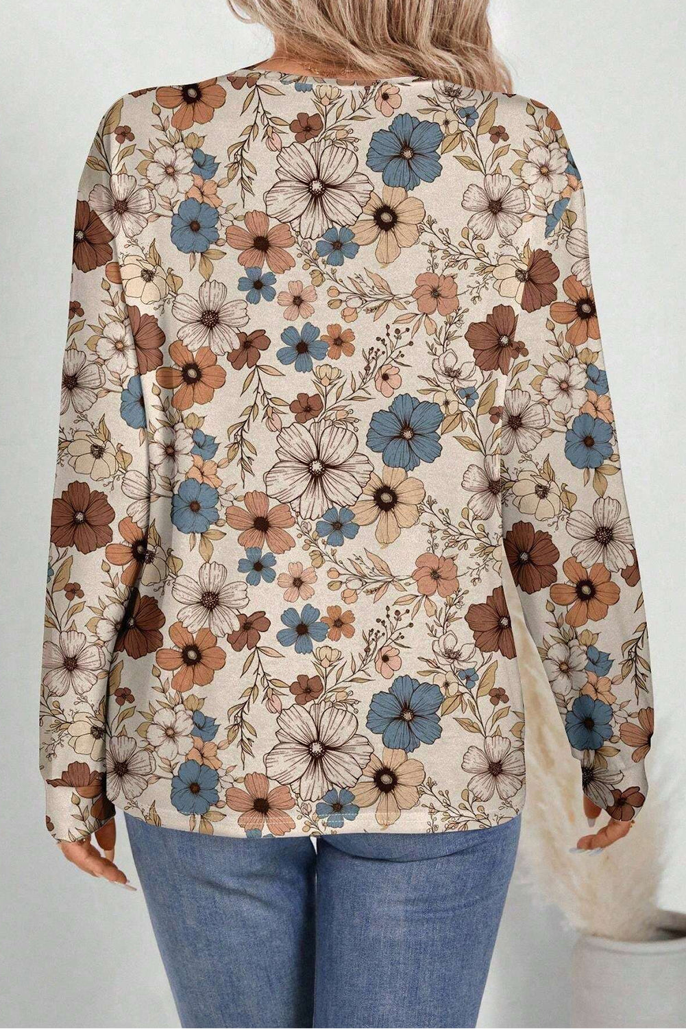 Floral Print Loose Fit Crew Neck Long Sleeve T-Shirt for Women