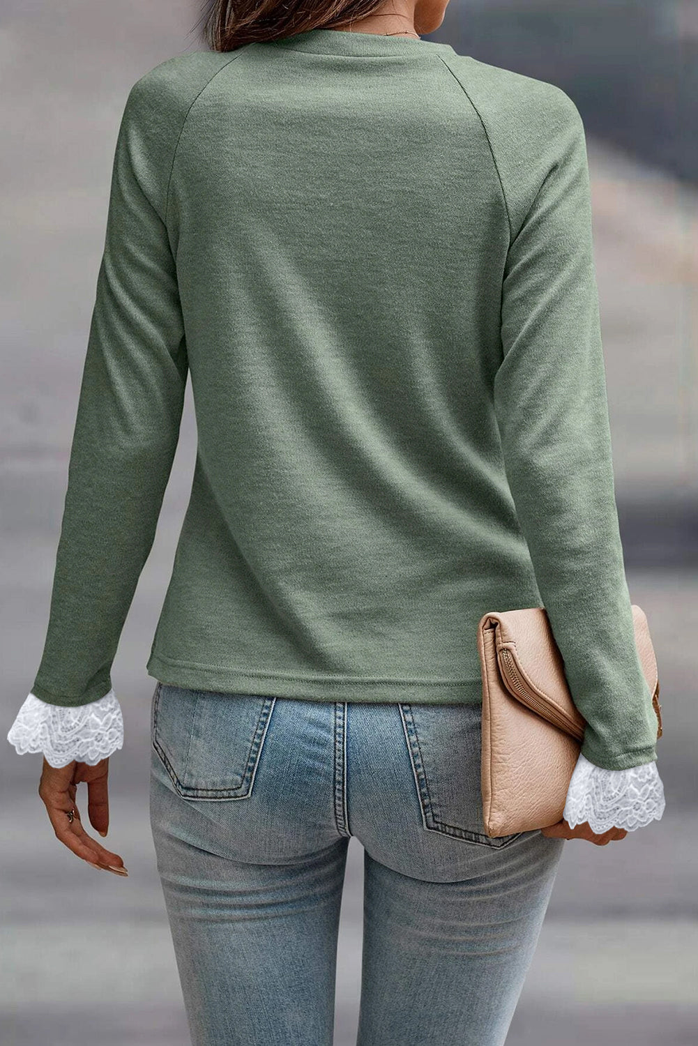 Seam Detail Lace Contrast Cuffs Raglan Sleeve Women's Top
