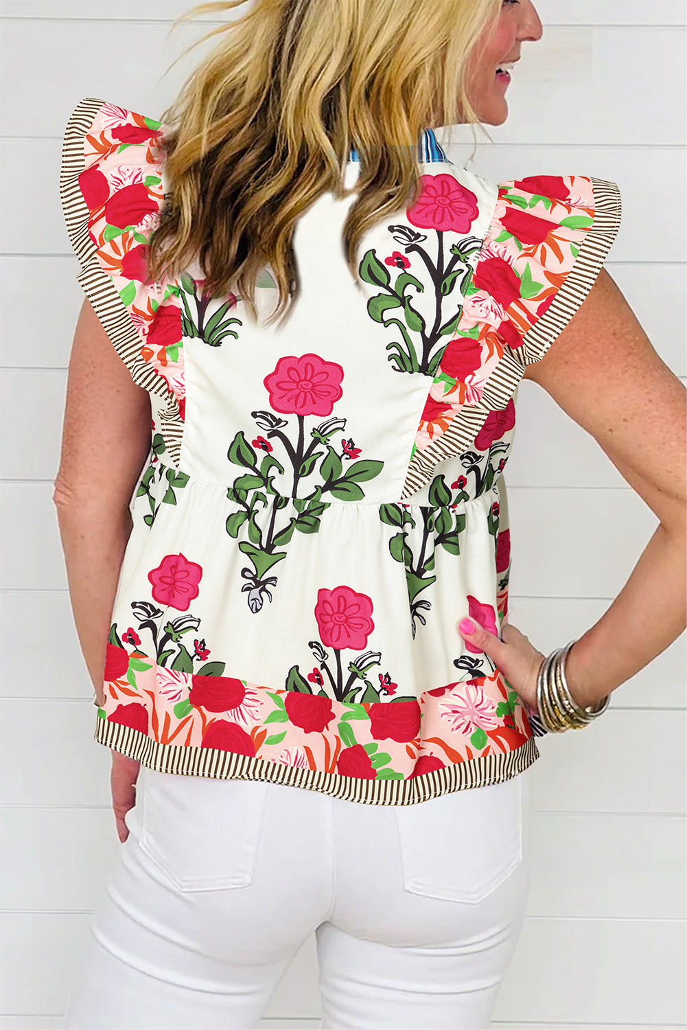 Floral Print Tie Neck Blouse with Striped Detail and Flutter Sleeves