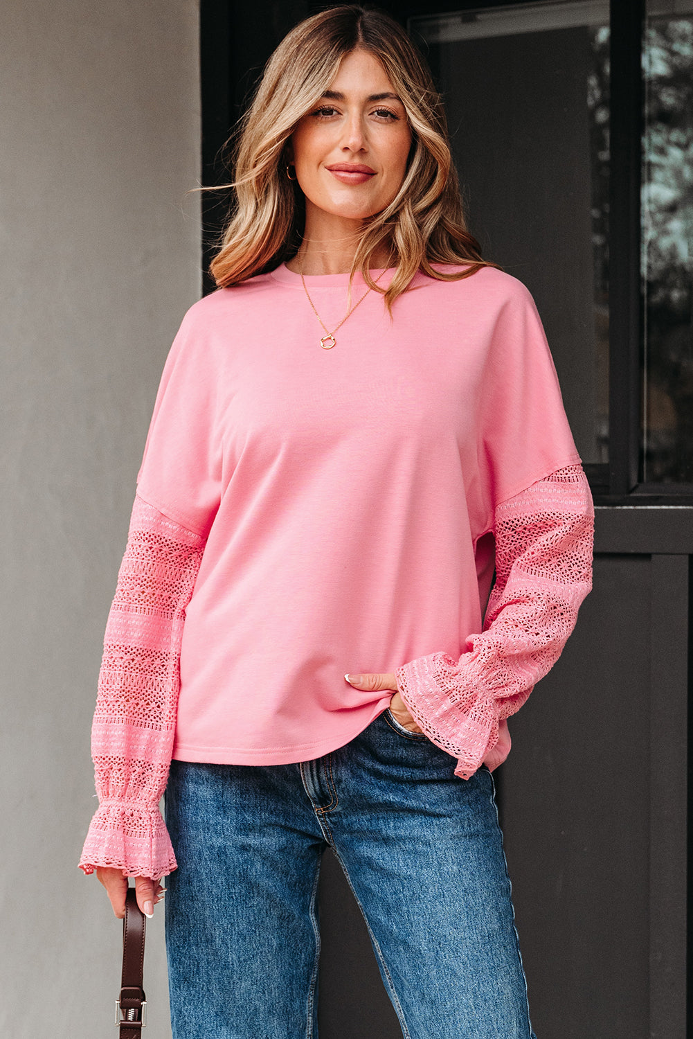 Loose Patchwork Lace Ruffled Sleeve Drop Shoulder Sweatshirt