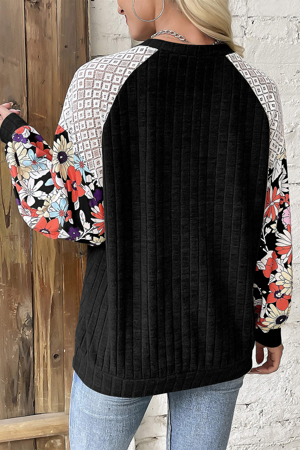 Long Sleeve Ribbed Blouse with Floral Patchwork Detail