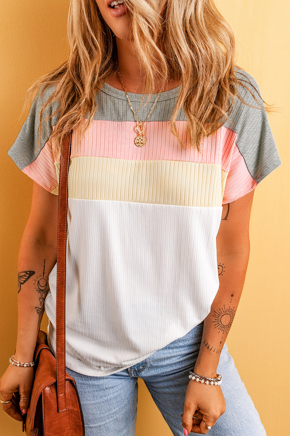 Ribbed Color Block Patchwork Women's T-Shirt Slim Fit Short Sleeve