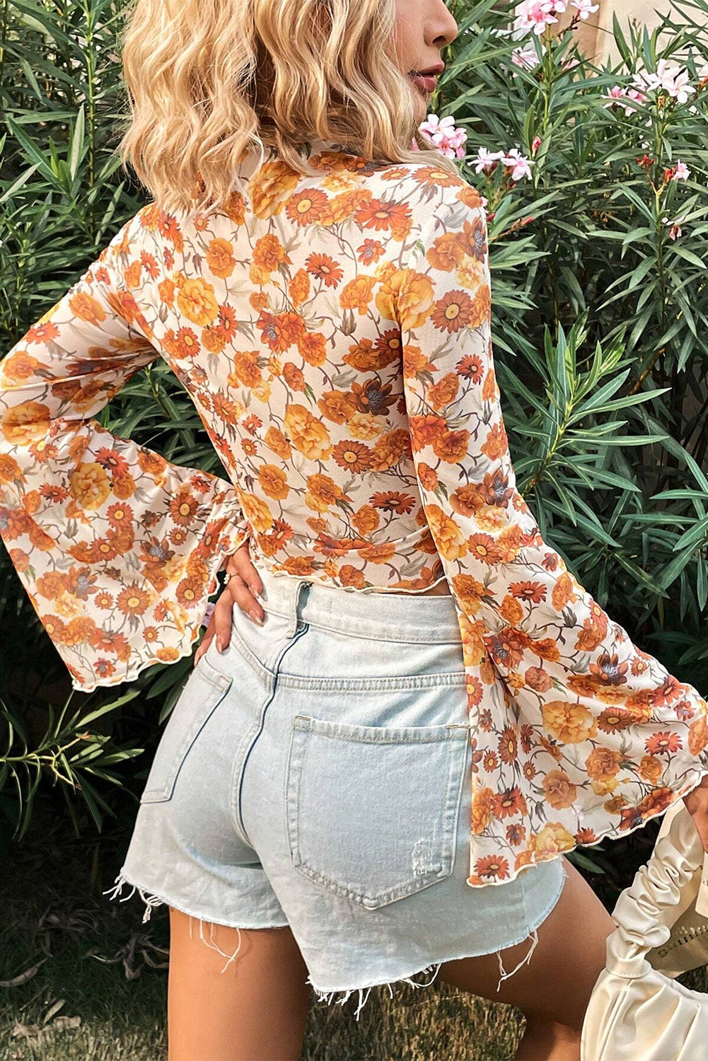 Floral Print Bell Sleeve Mock Neck Blouse with Scallop Trim