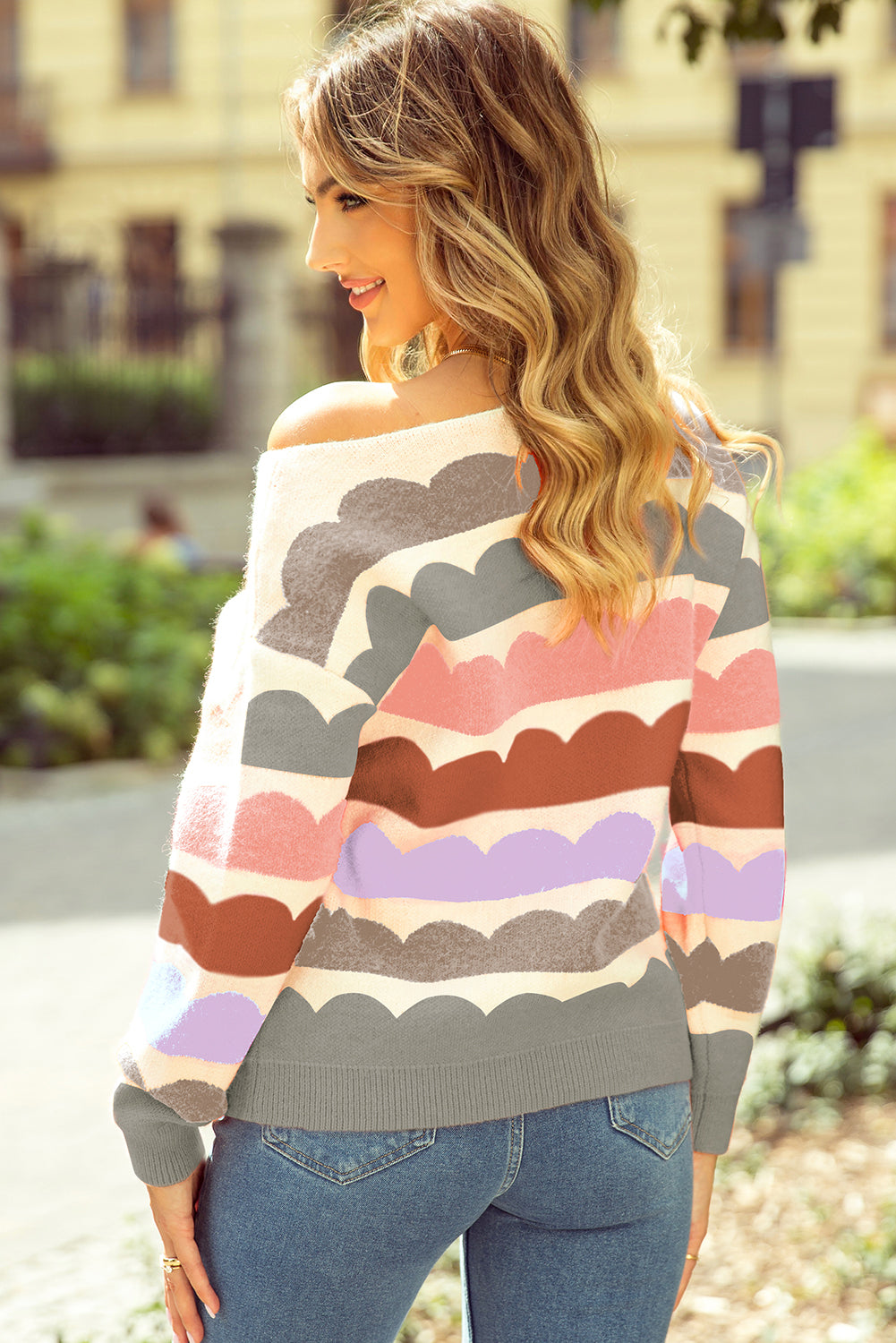 Balloon Sleeve Drop Shoulder Striped Knit Pullover Sweater for Women
