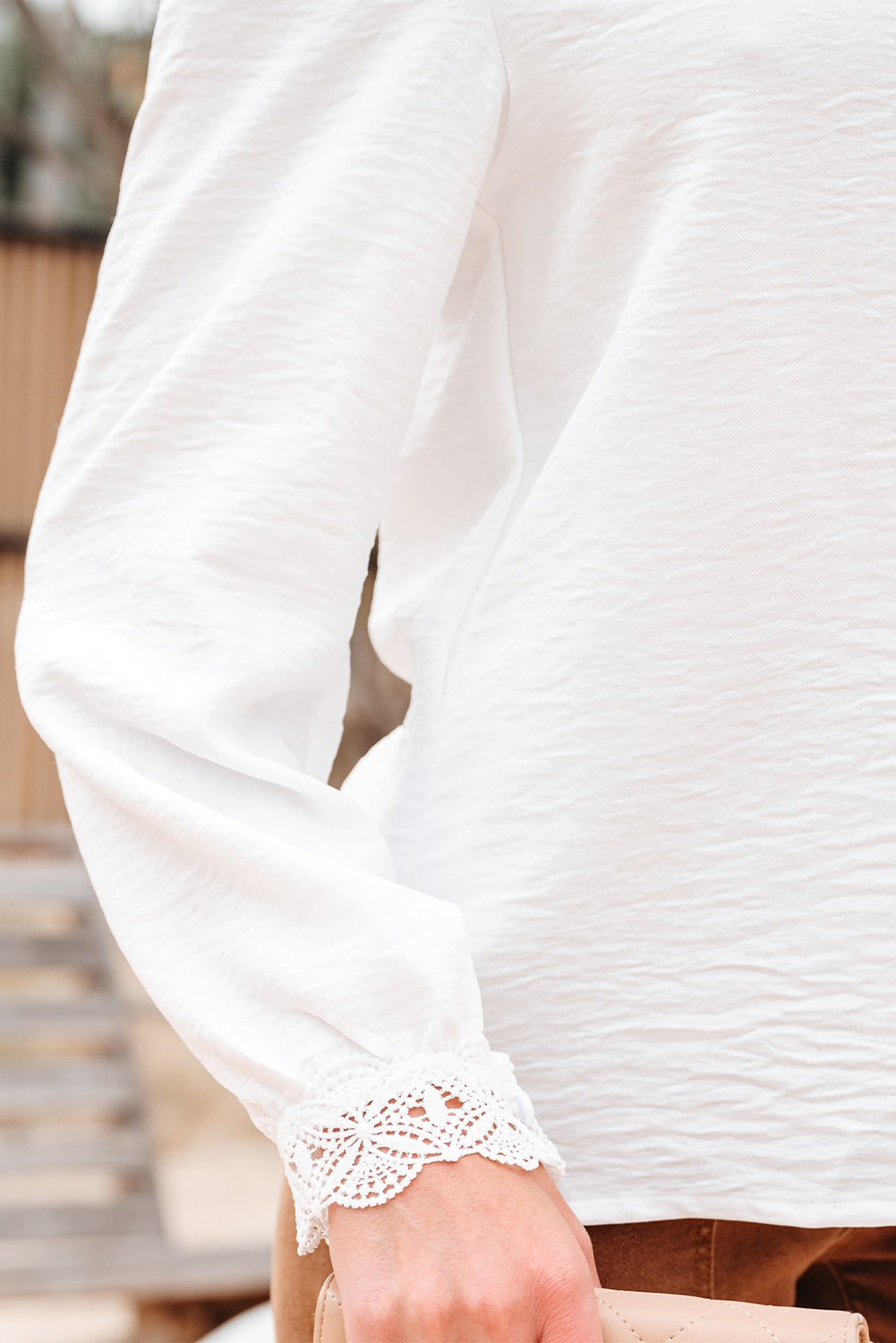Lace Patchwork Buttoned Stand Neck Loose Fit Shirt