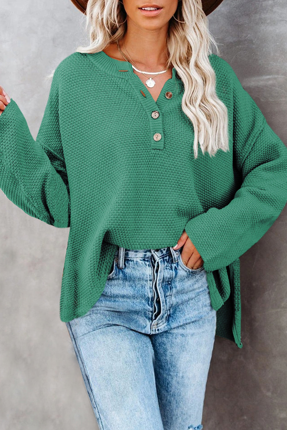 Henley Pullover Drop Shoulder Sweater with Side Slits