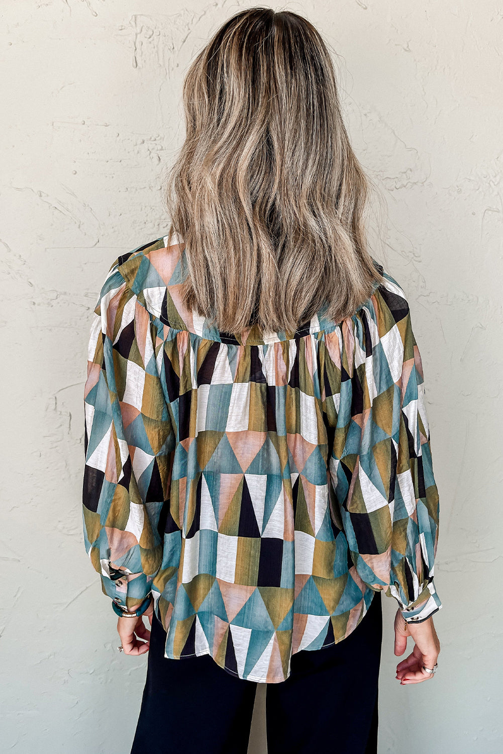 Geometric Print Buttoned Balloon Sleeve Loose Fit Women's Shirt