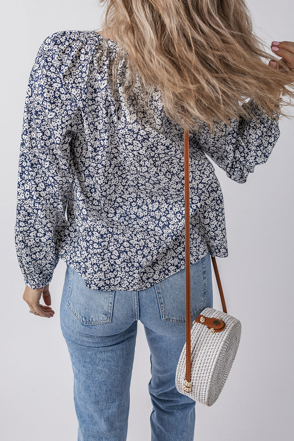 Floral Print Notched V Neck Puff Sleeve Blouse for Women