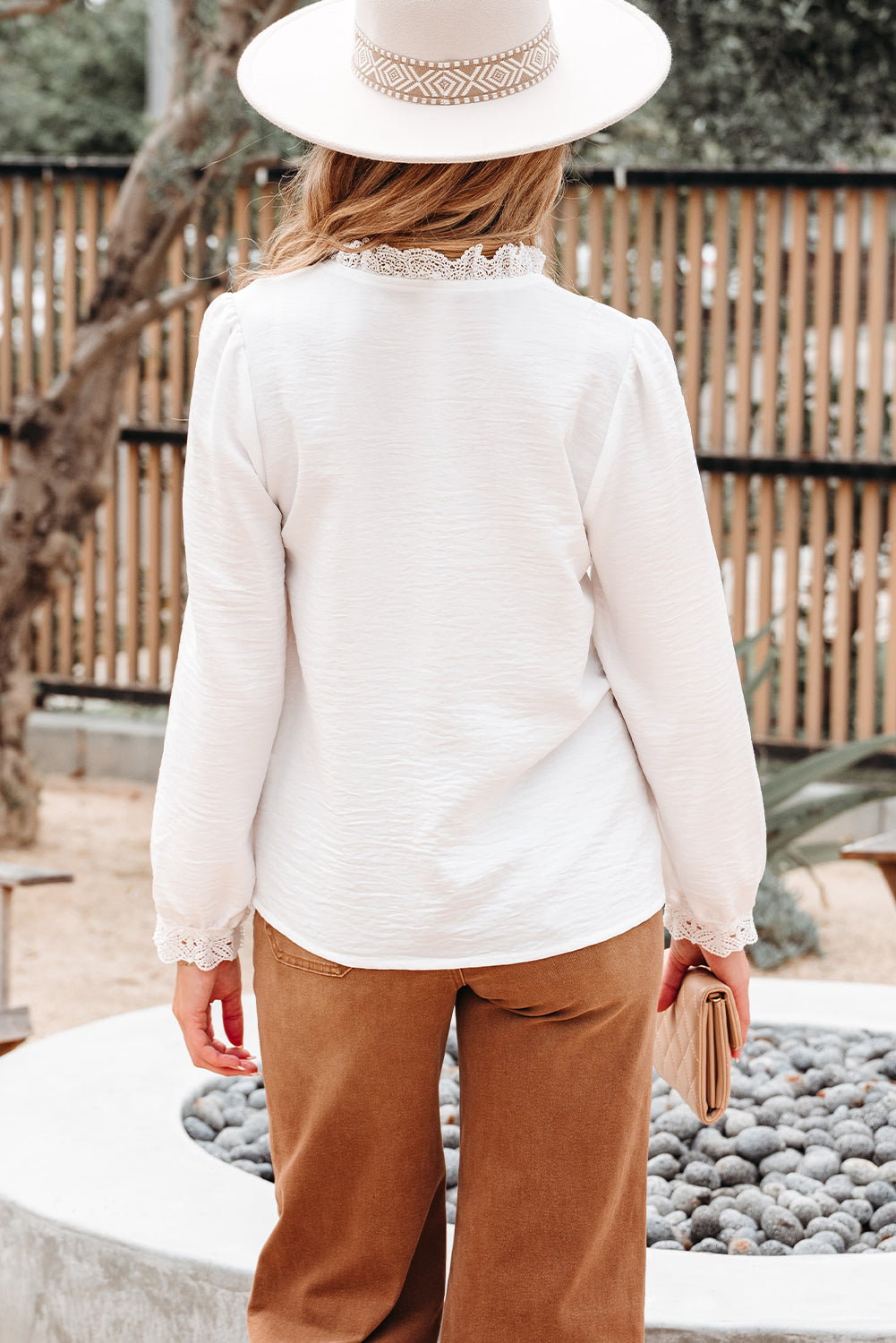 Lace Patchwork Buttoned Stand Neck Loose Fit Shirt