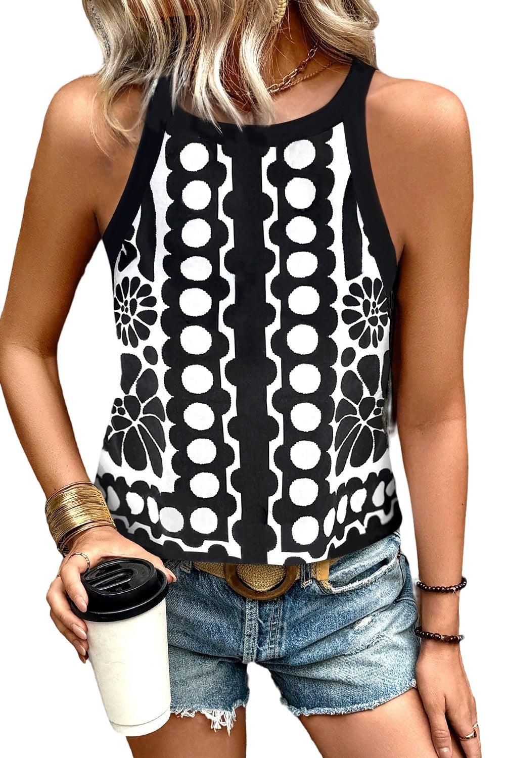 Abstract Dot Floral Print Sleeveless Tank Top for Women