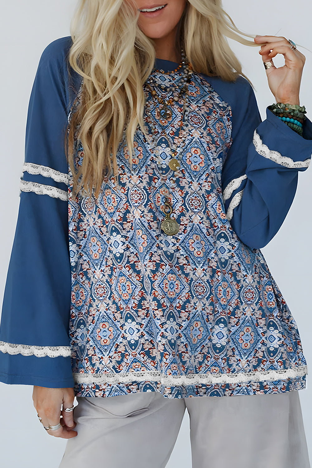 Geometric Print Lace Patchwork Ric Rac Raglan Long Sleeve Top