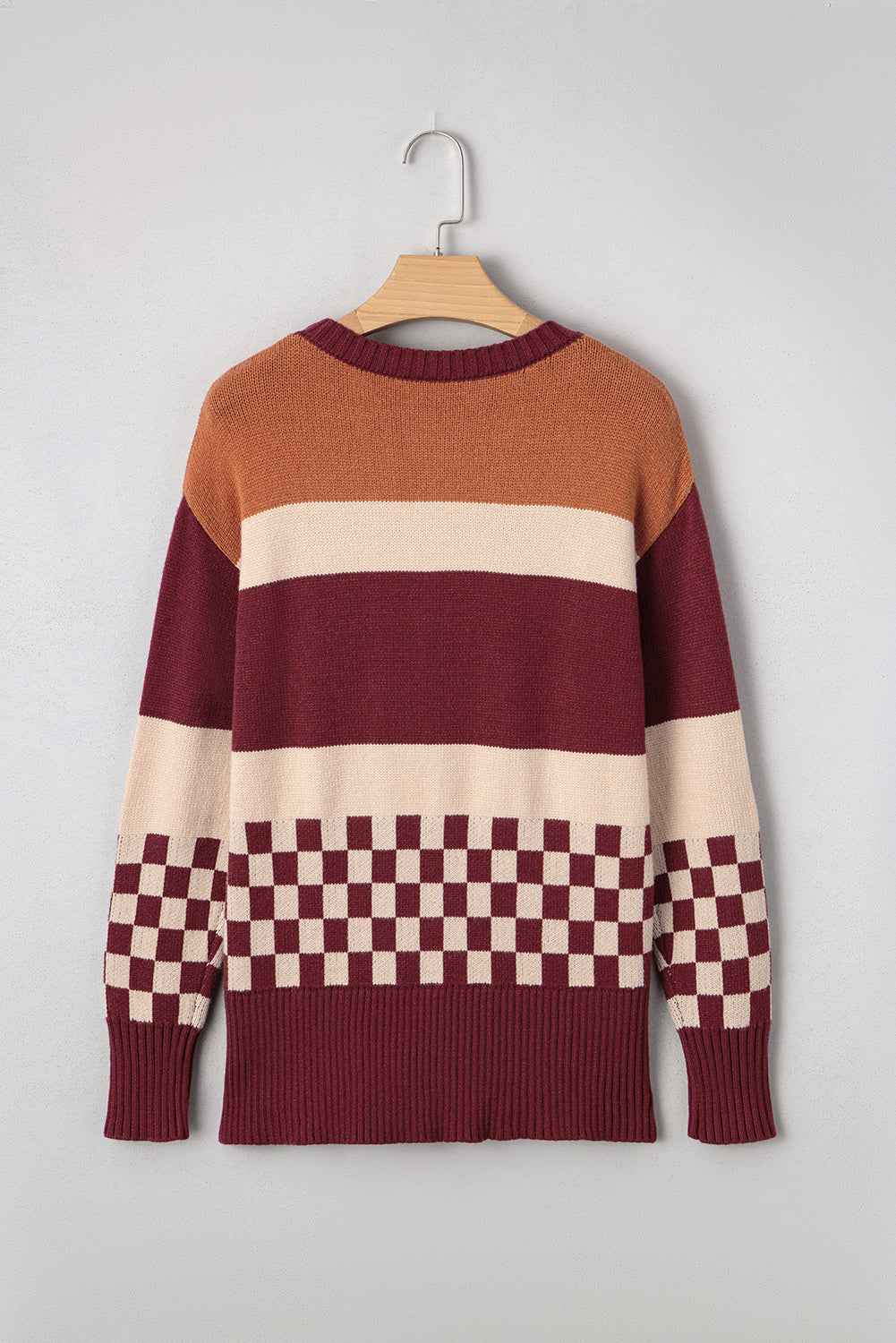 Knitted Checkered Color Block Drop Shoulder Sweater