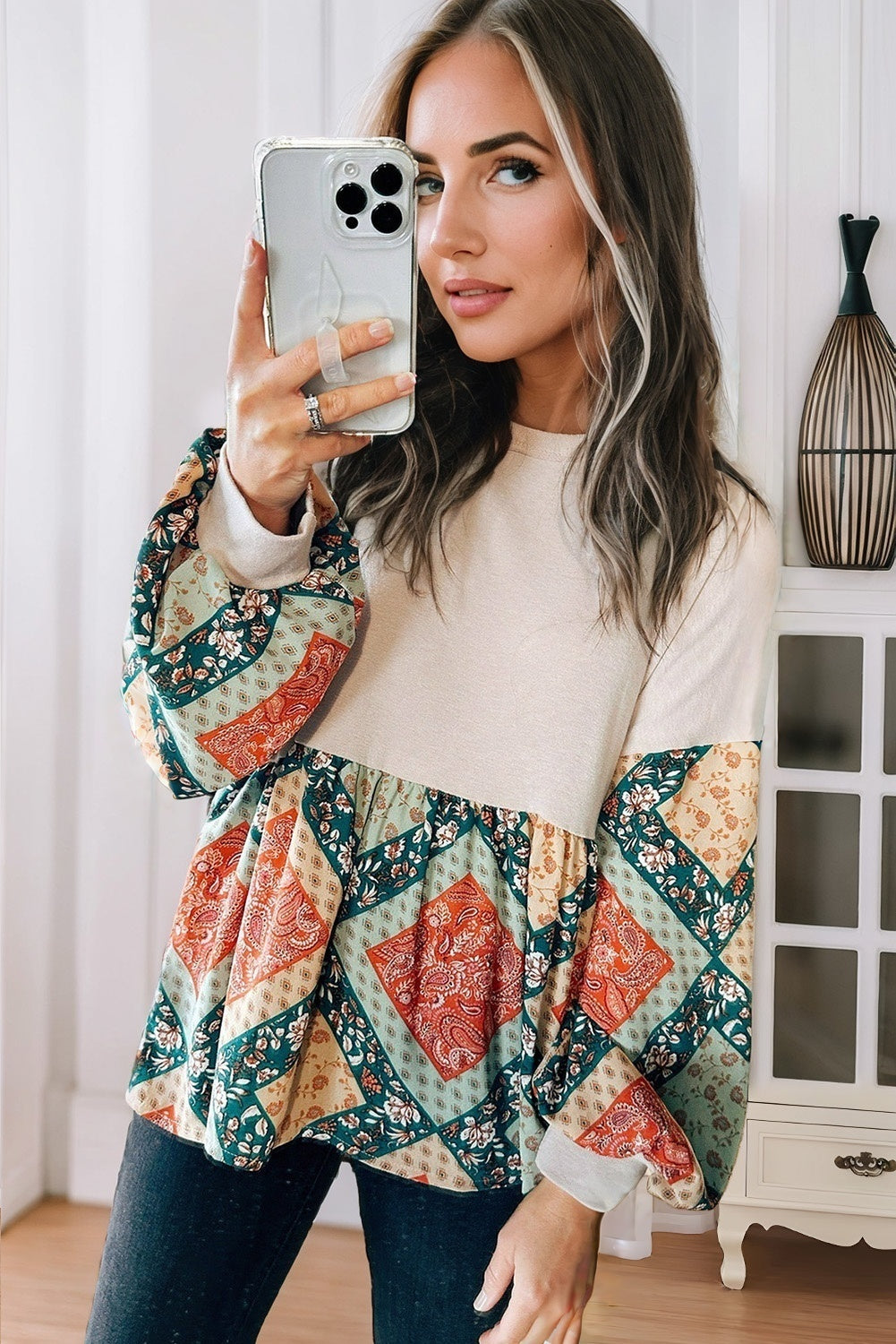 Jet Stream Paisley Geometric Patchwork Crew Neck Loose Fit Women's Top