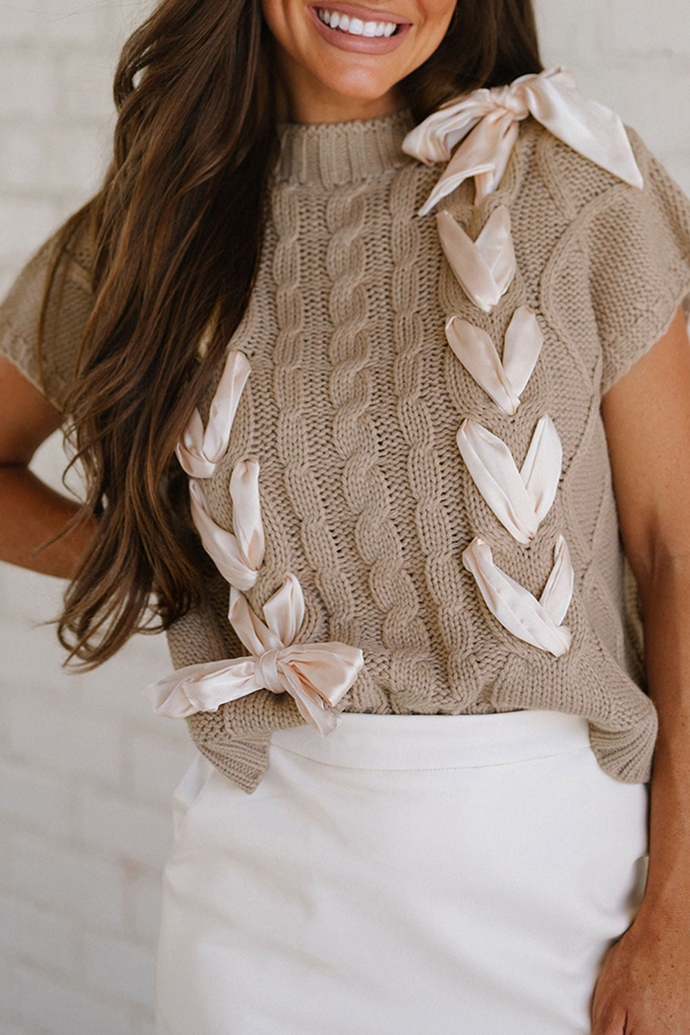 Cable Knit Colorblock Satin Bowknot Short Sleeve Sweater for Women