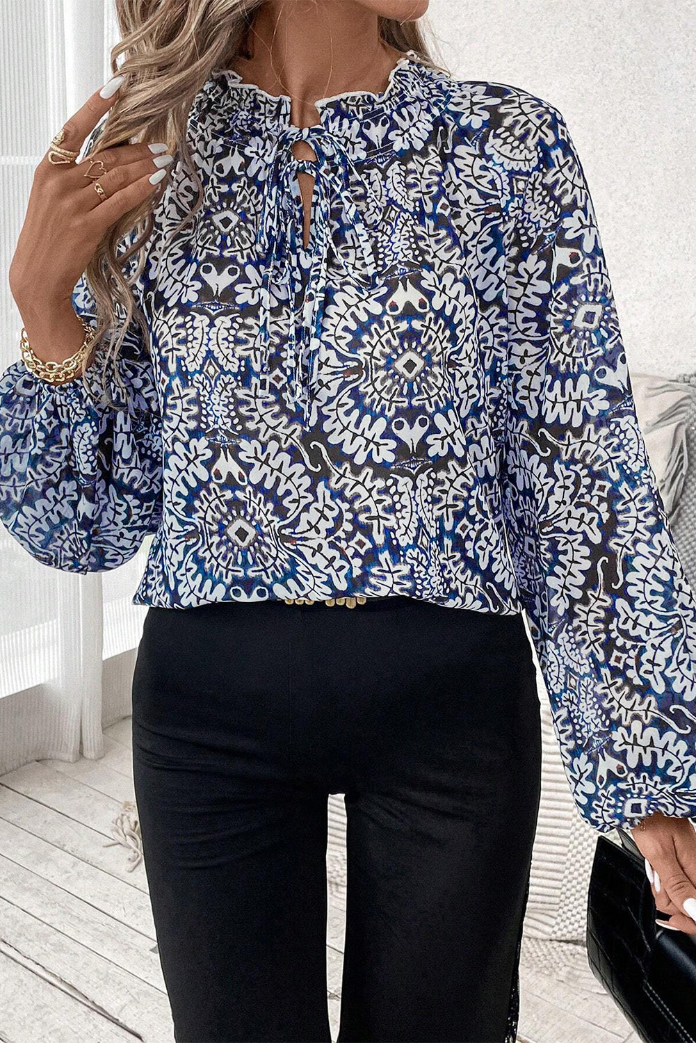 Tribal Print Lace-Up Frilled Neck Puff Sleeve Blouse