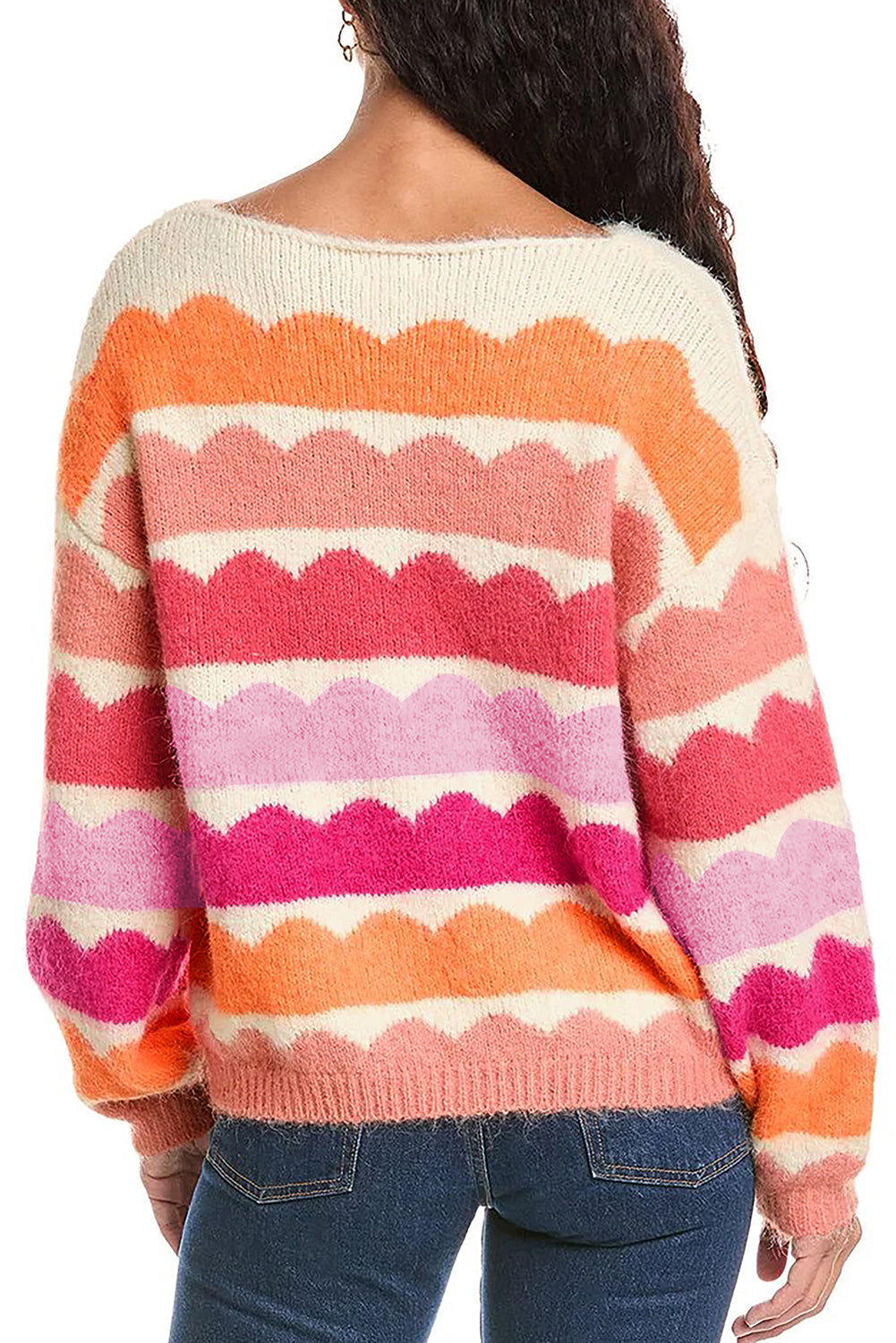 Balloon Sleeve Drop Shoulder Striped Knit Pullover Sweater for Women
