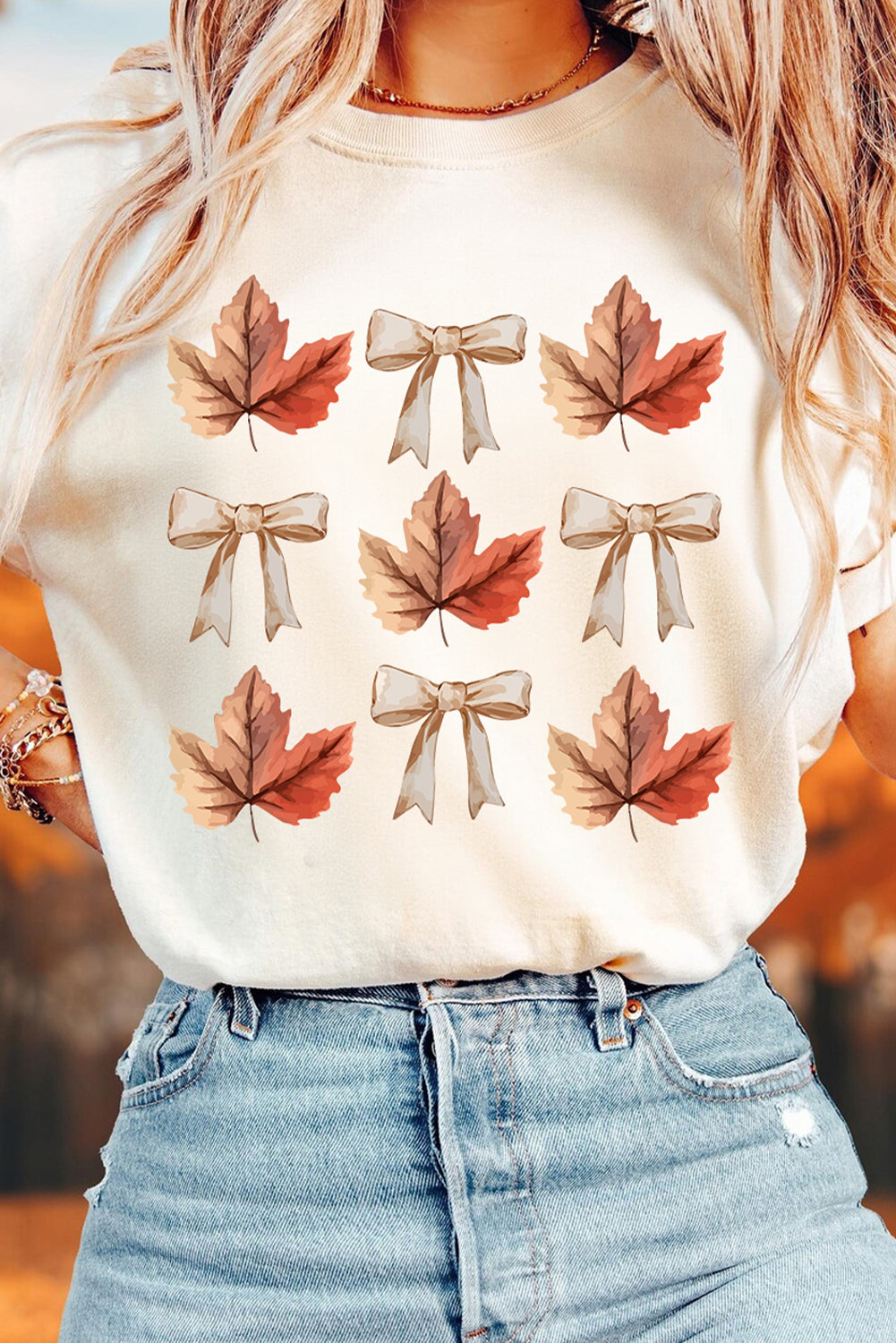 Thanksgiving Bow Print Fall Leaf Graphic T-Shirt for Women