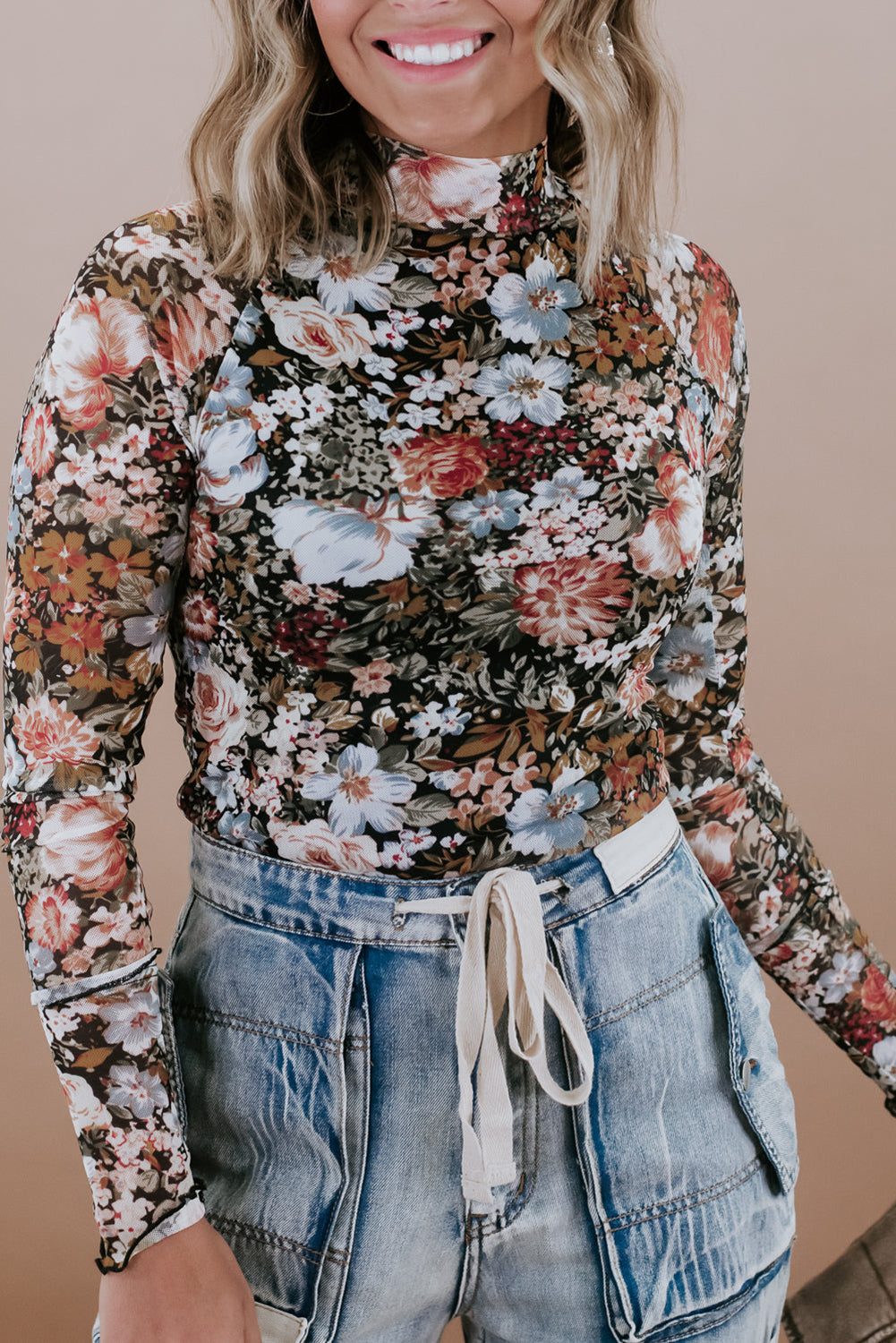 Long Sleeve High Neck Sheath Mesh Floral Blouse