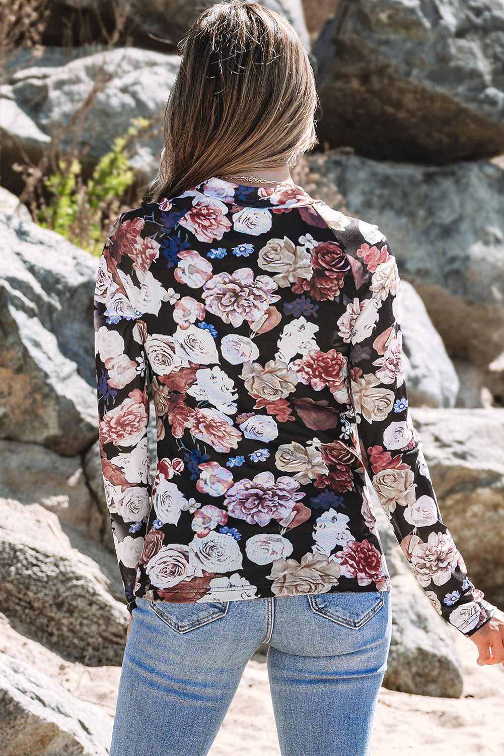 Mesh Floral Print Mock Neck Long Sleeve Slim Fit Top
