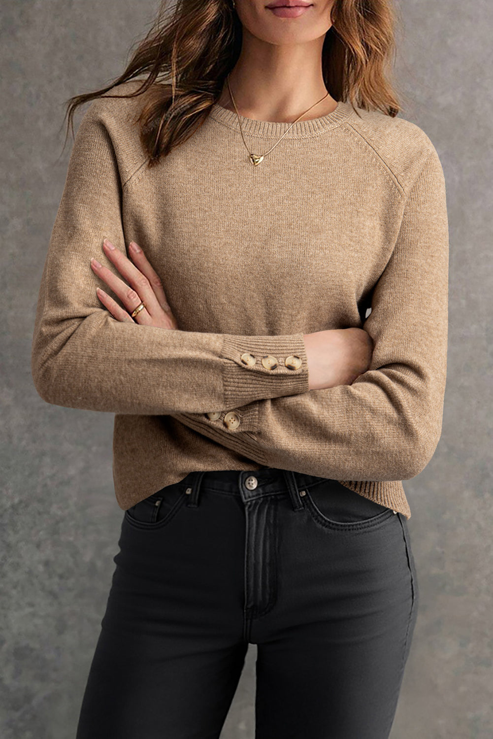 Buttoned Bishop Sleeve Crew Neck Knit Sweater for Women