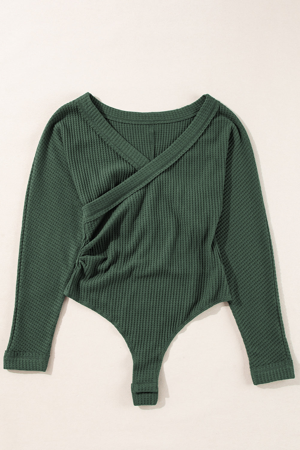 Waffle Knit Slim Fit Wrap V Neck Long Sleeve Bodysuit