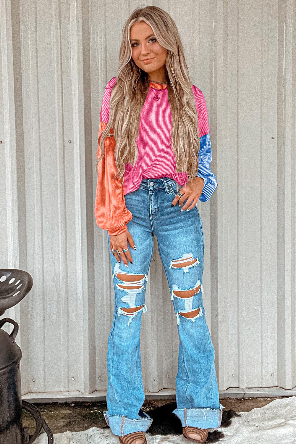 Corded Colorblock Patchwork Drop Shoulder Long Sleeve Top