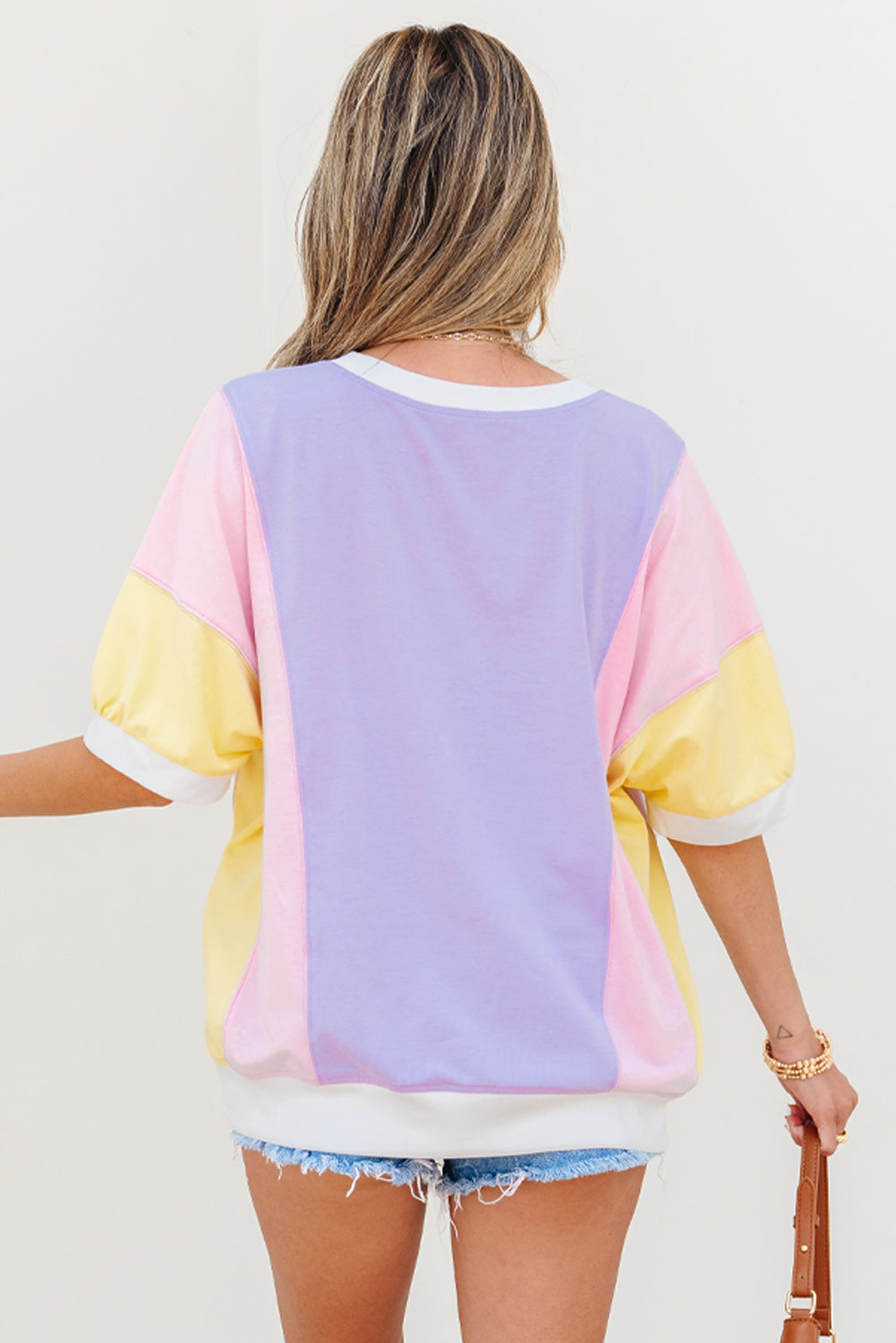 Oversized Color Block Patchwork Half Sleeve T-Shirt for Women