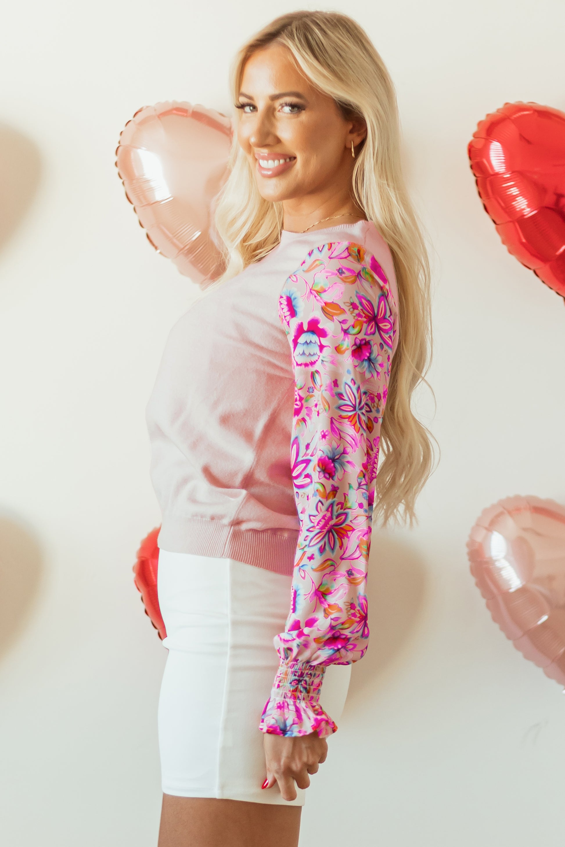 Floral Printed Patchwork Smocked Knit Top with Lantern Sleeves