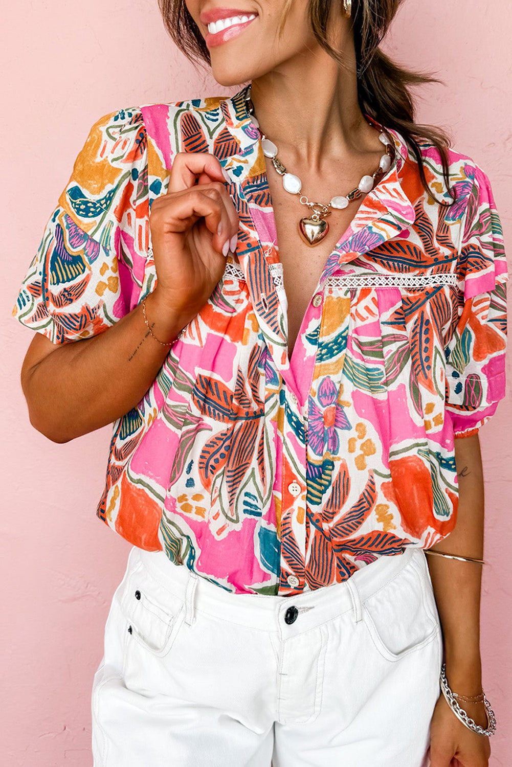 Tropical Print Button-Up Short Sleeve Shirt for Women