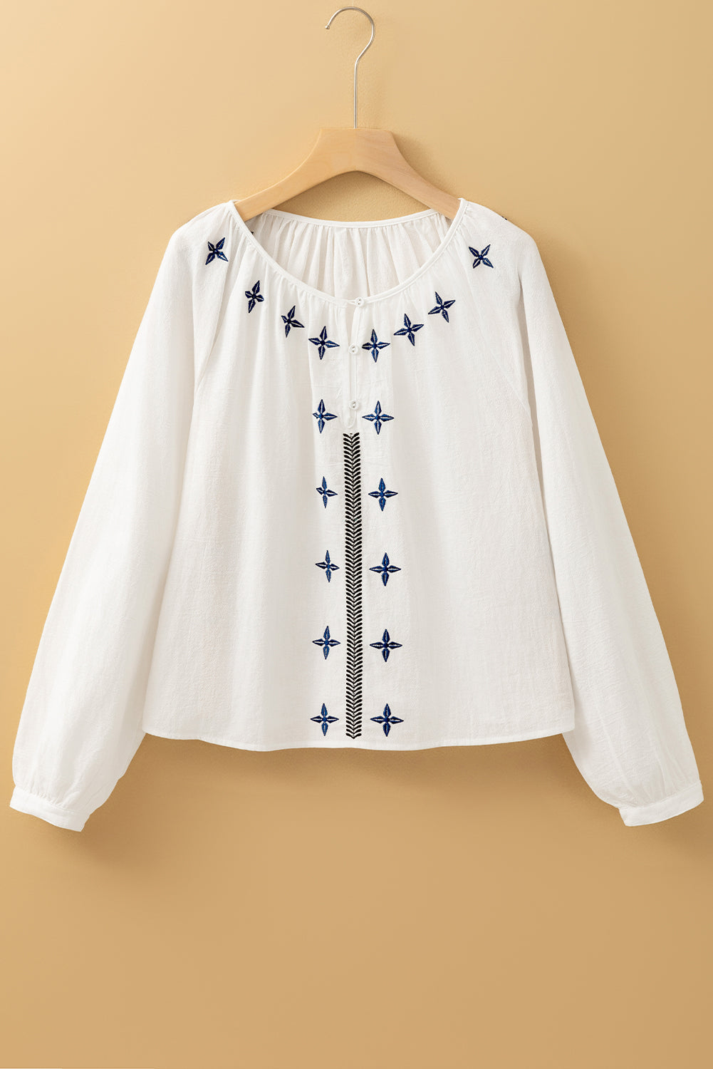 Geometric Embroidered Long Sleeve Button-Up Blouse for Women