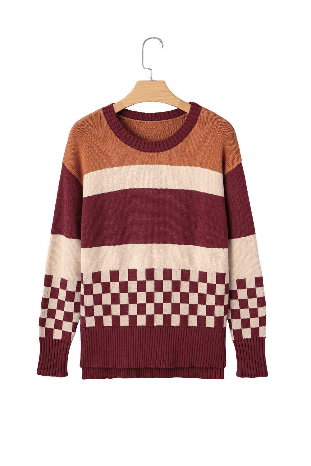 Knitted Checkered Color Block Drop Shoulder Sweater