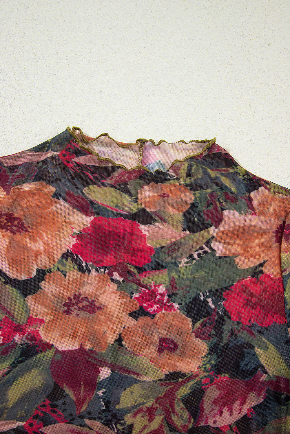 Long Sleeve Floral Print Mesh Top with Lettuce Trim