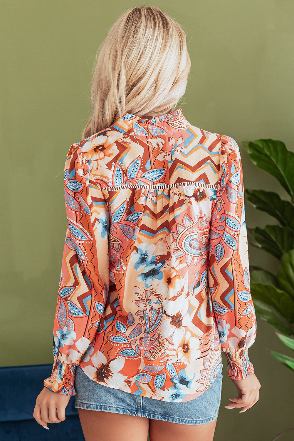 Floral Print Button-Front Loose Shirt with Shirred Cuffs