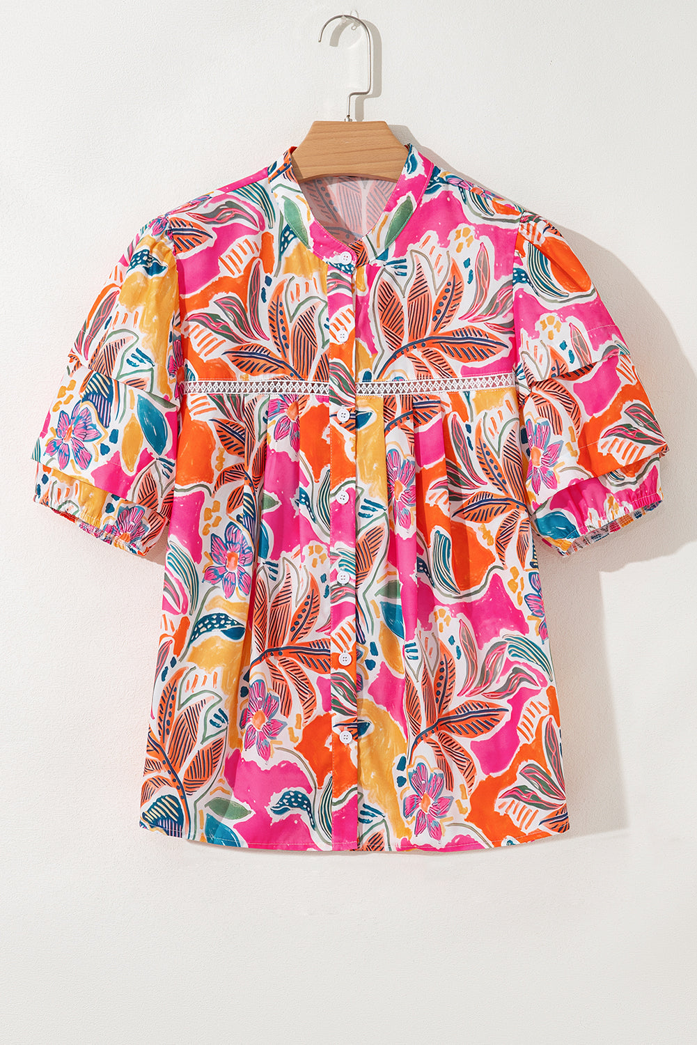 Tropical Print Button-Up Short Sleeve Shirt for Women