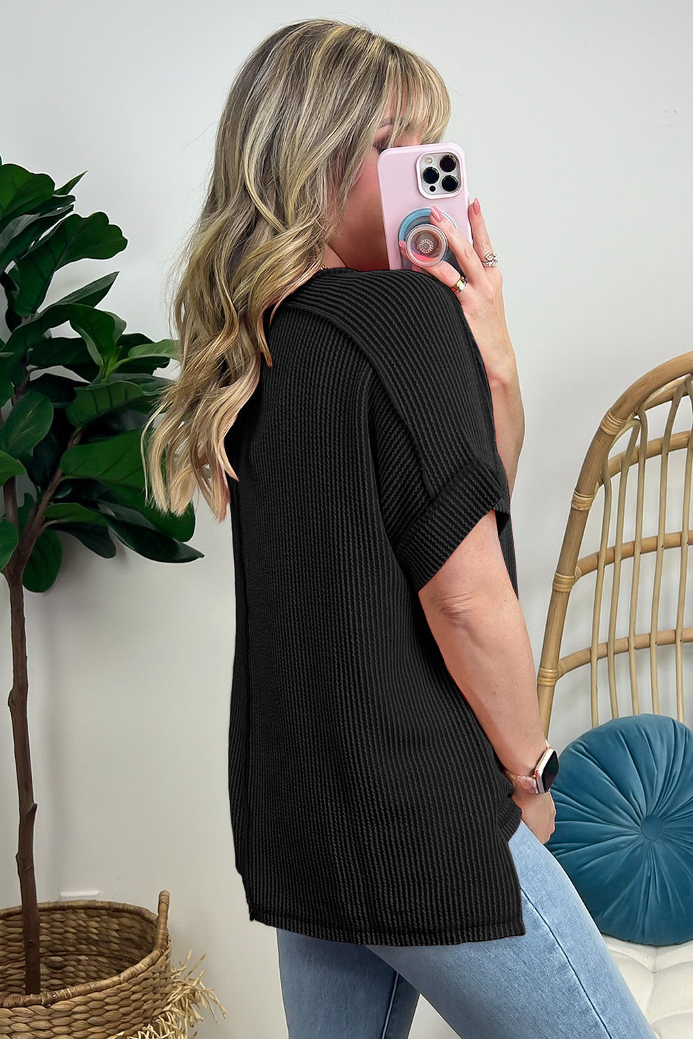 Textured Knit T-shirt with Exposed Stitching and Short Sleeves