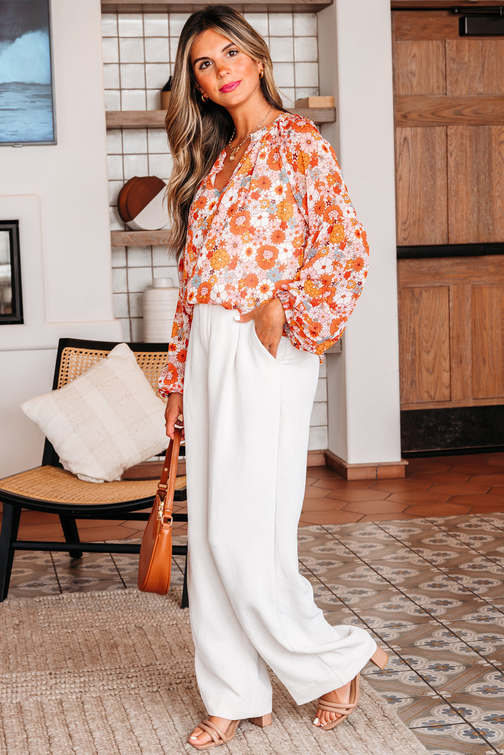Floral Print V Neck Long Puff Sleeve Blouse for Women