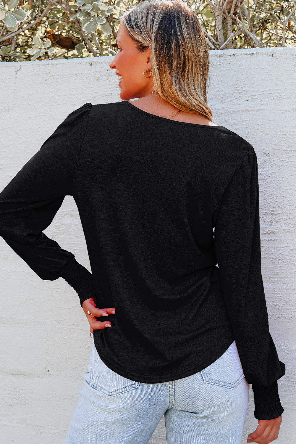 Long Sleeve Shirred Shoulder Top with Frilled Cuffs