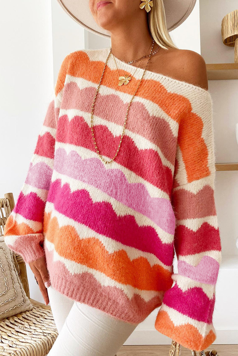 Balloon Sleeve Drop Shoulder Striped Knit Pullover Sweater for Women