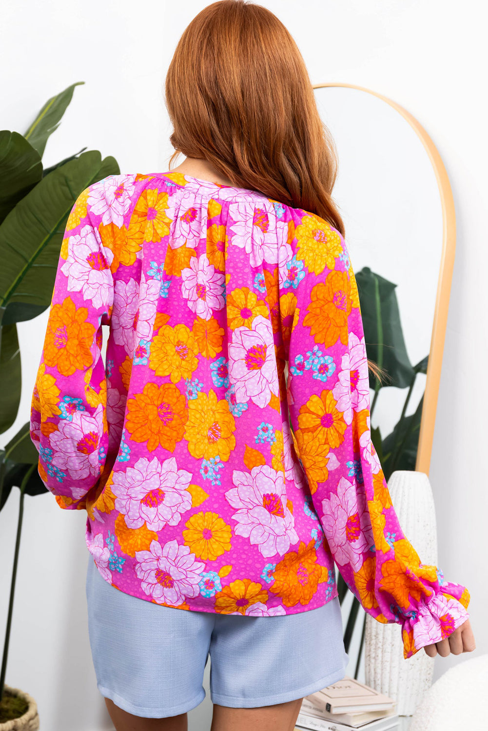 Floral Print Flounce Sleeve Notched Neck Blouse for Women