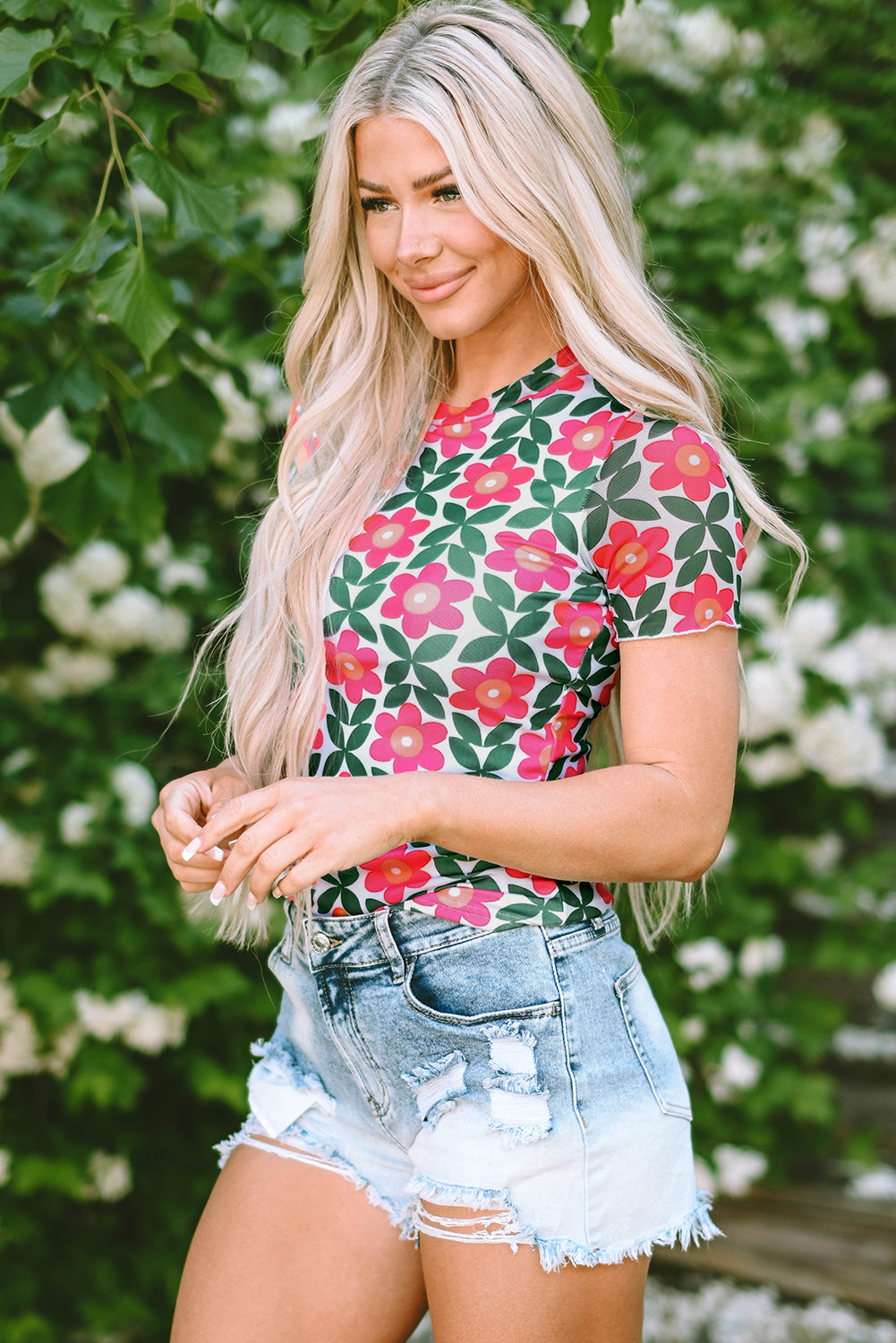 Retro Floral Print Crew Neck Women's T-Shirt with Short Sleeves